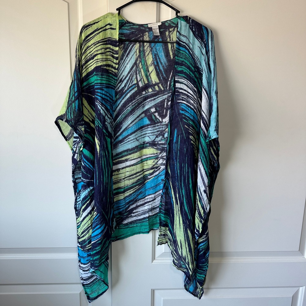 Chico's‎ Linen Kimono Open Wrap Top Palm Print Foliage Cover Up Beach One Size